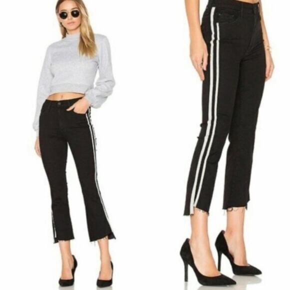Mother Insider crop step fray black guilty racer striped jeans raw hem - Picture 1 of 11